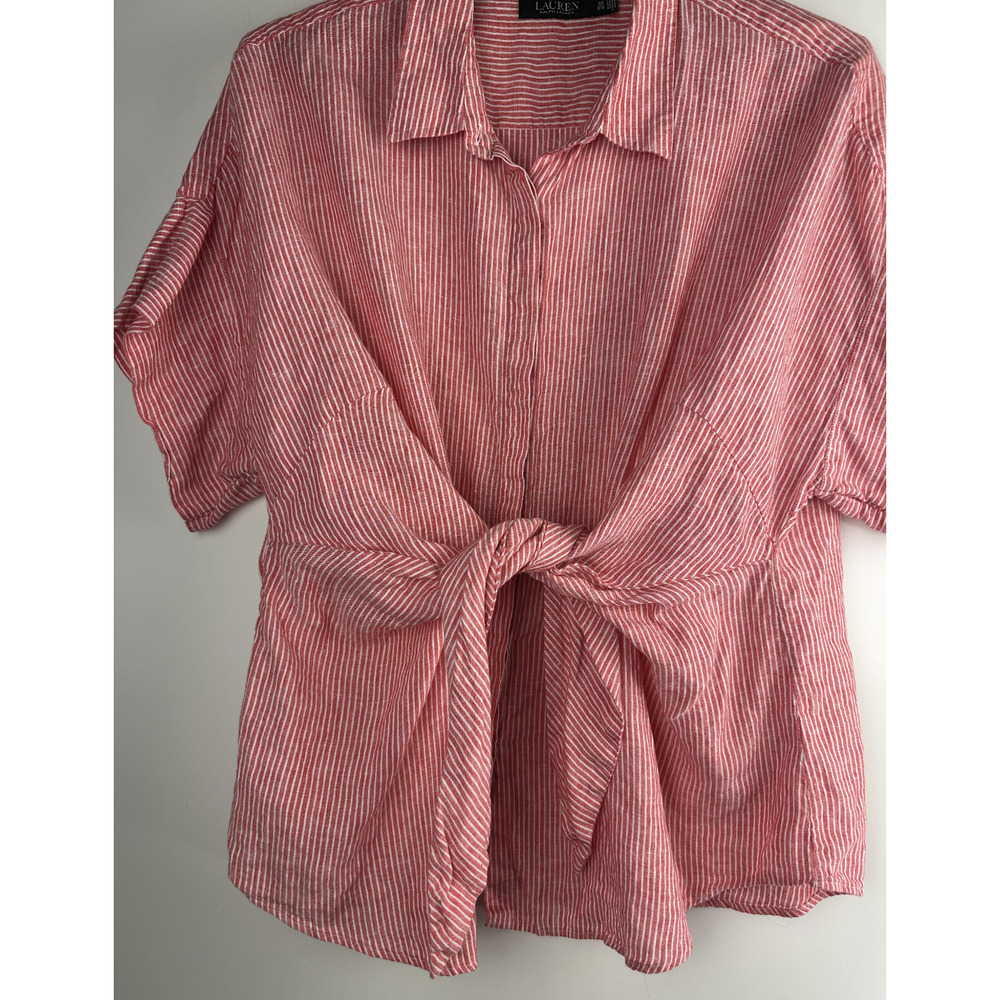 Lauren Ralph Lauren Striped Tie-Front Linen Shirt Red White Women's Plus Size 3X - Picture 4 of 10